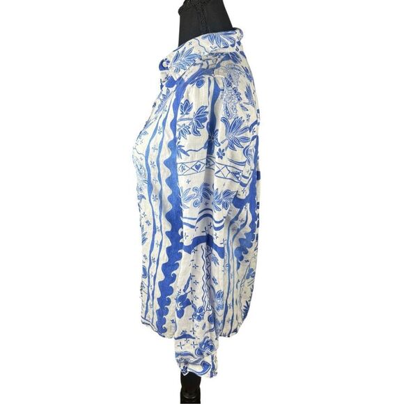 Joie Womens Small 100% Linen Shirt Top Blue White Tropical Floral button up - Picture 3 of 6